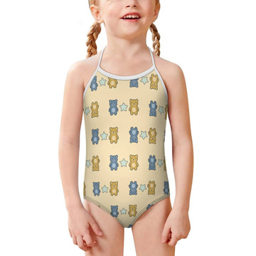 Cute Teddy Bear Spaghetti Strap Girls Swimsuit | AOP