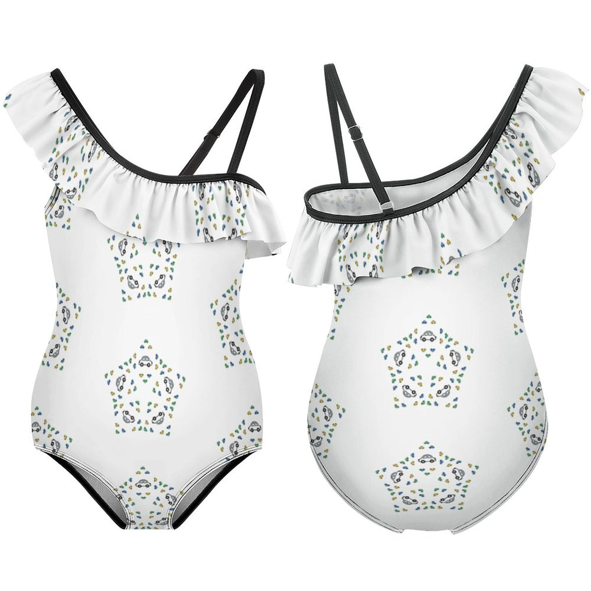 Girls' Geometric Star One-Shoulder Ruffle Swimsuit
