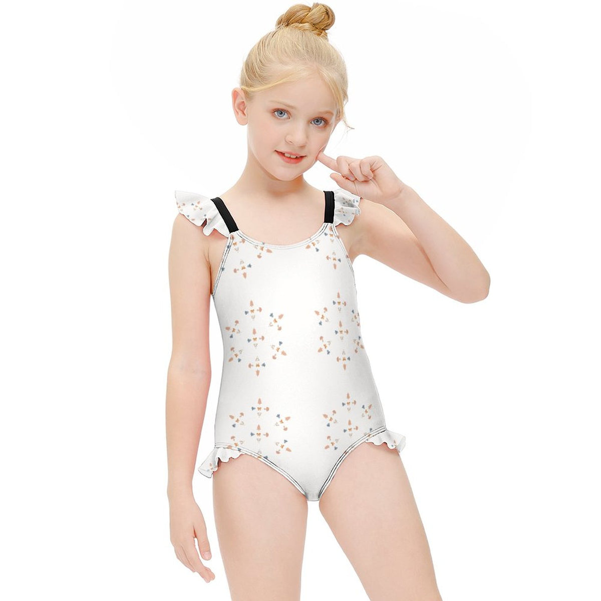 Girls' White Geometric Ruffle Trim Bathing Suit