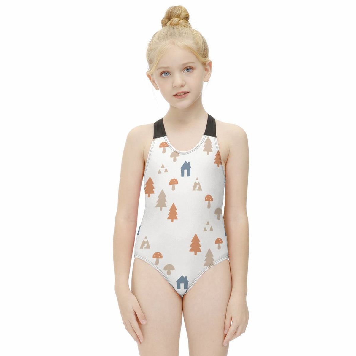 Girls' White Forest Pattern Crossback Swimsuit
