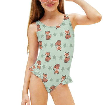 Girls Cute Fox Print Ruffled One-Piece Swimsuit