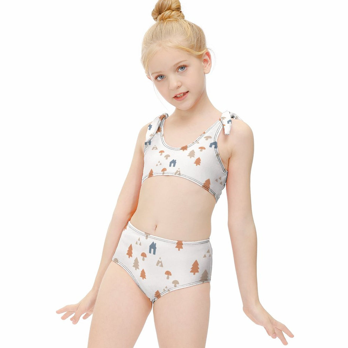 Girls' White Forest Pattern Tie Strap Bikini Set