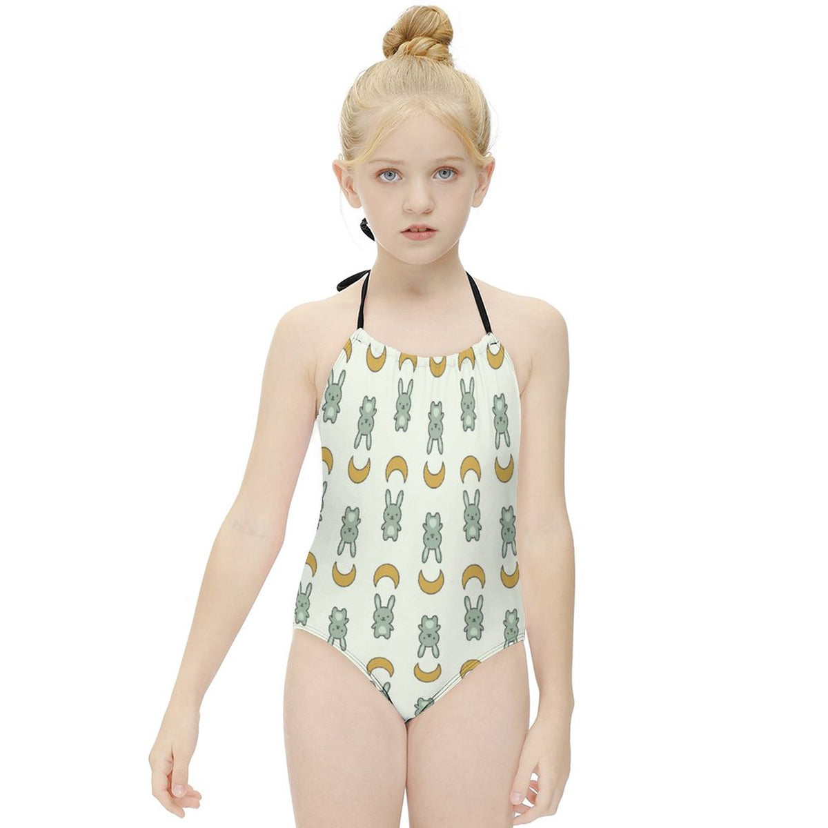 Cute Bunny & Moon Halter One-Piece Girls Swimsuit