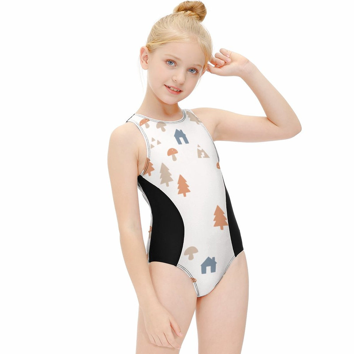 Girls' White Woodland High Neck Zip Swimsuit