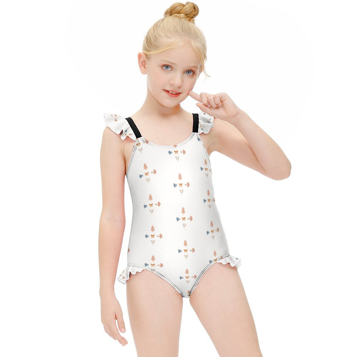 Girls' Geometric Print Ruffle Trim One-Piece Swimsuit