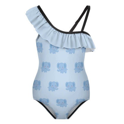 Cute Blue Elephant One-Shoulder Girls' Swimsuit