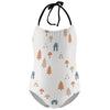 Girls' White Forest Pattern Halter Neck Swimsuit