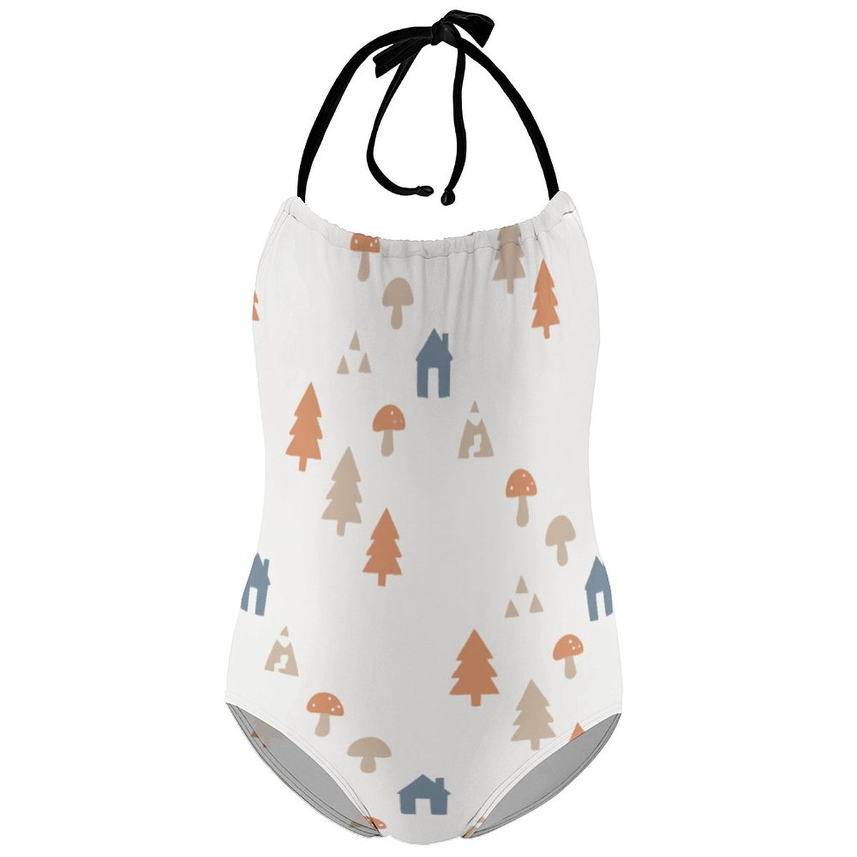 Girls' White Forest Pattern Halter Neck Swimsuit