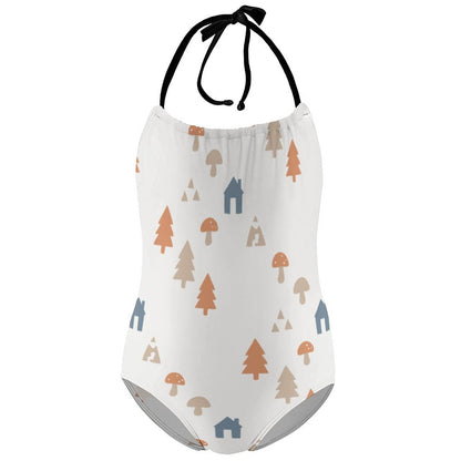 Girls' White Forest Pattern Halter Neck Swimsuit