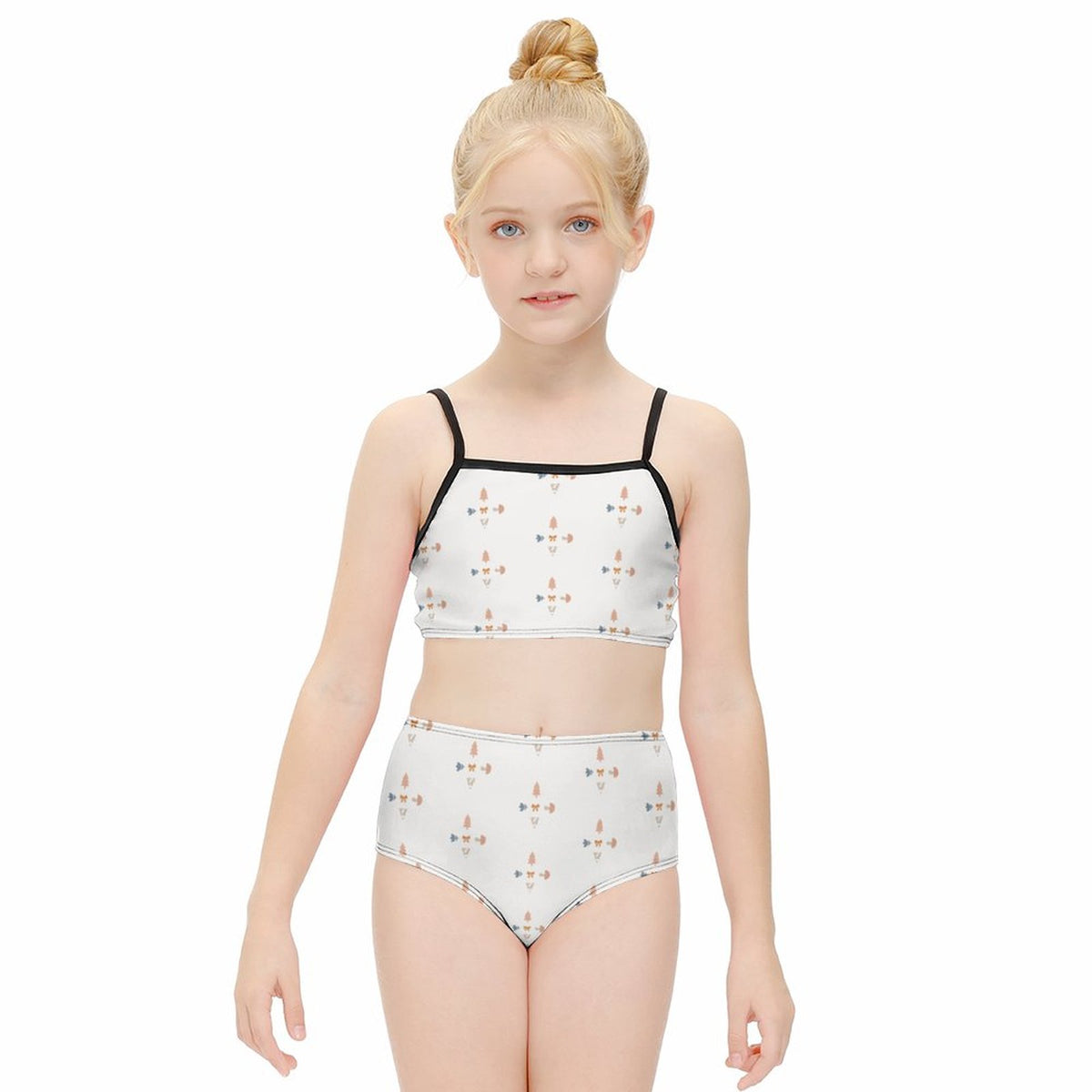 Girls' White Geometric Patterned Two-Piece Swimwear