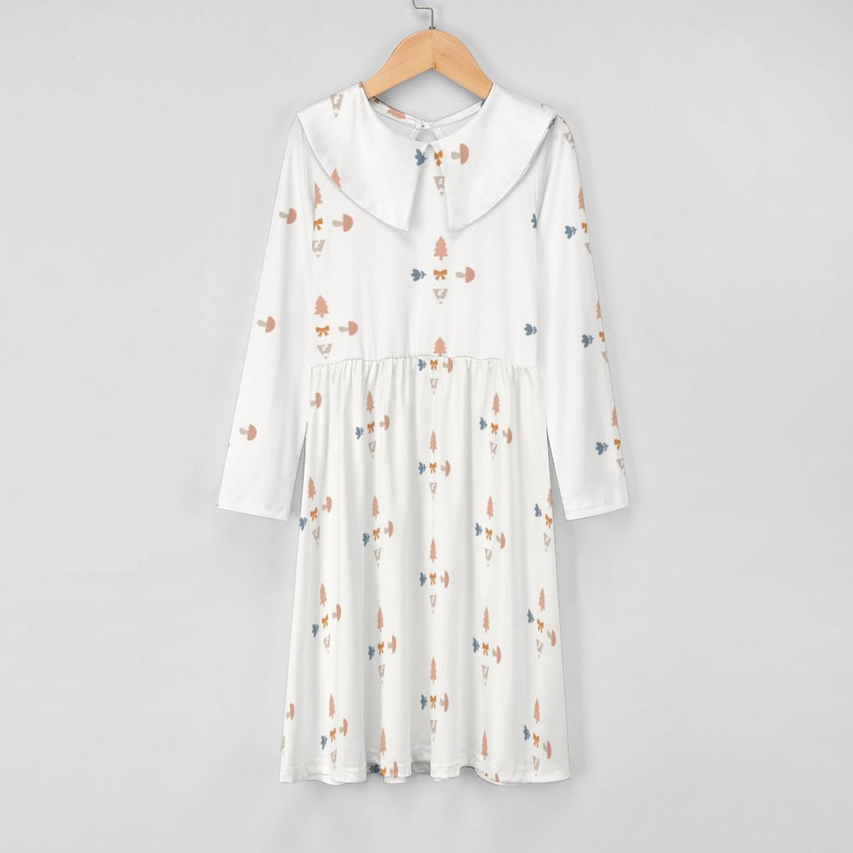 Girls' White Geometric Long Sleeve Flared Dress