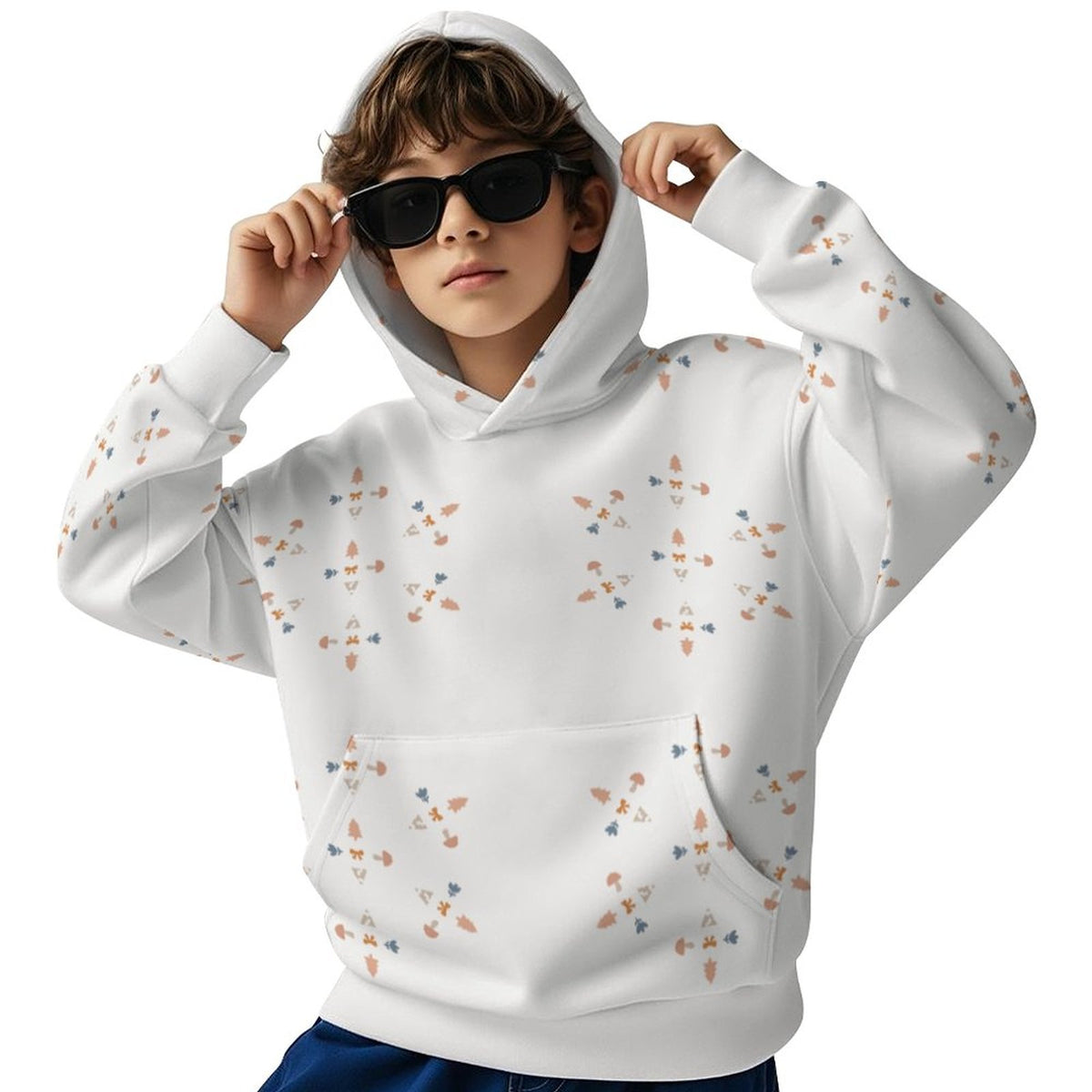 230GSM White Geometric Patterned Kids' Hoodie