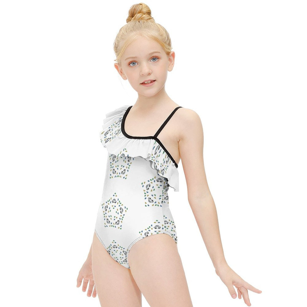 Girls' Geometric Star One-Shoulder Ruffle Swimsuit