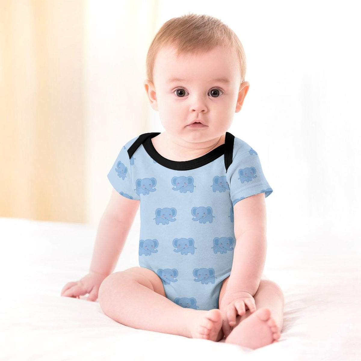 Cute Elephant Print Light Blue Cotton Baby Bodysuit