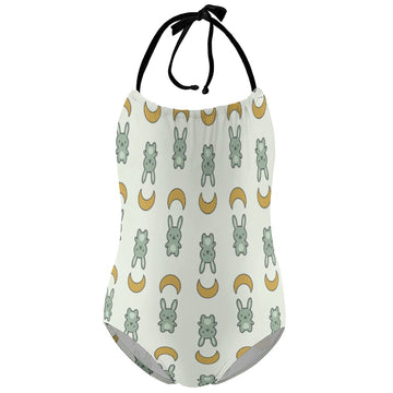 Cute Bunny & Moon Halter One-Piece Girls Swimsuit