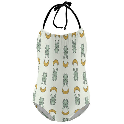 Cute Bunny & Moon Halter One-Piece Girls Swimsuit