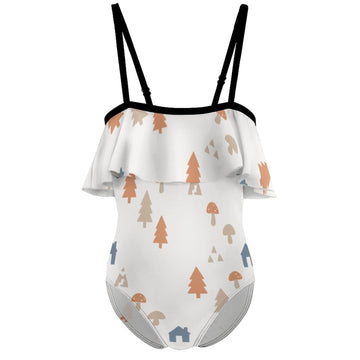 Cute Woodland Cabin Off-Shoulder Swimsuit for Girls