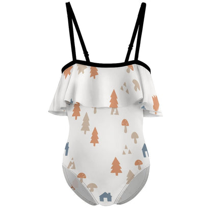 Cute Woodland Cabin Off-Shoulder Swimsuit for Girls
