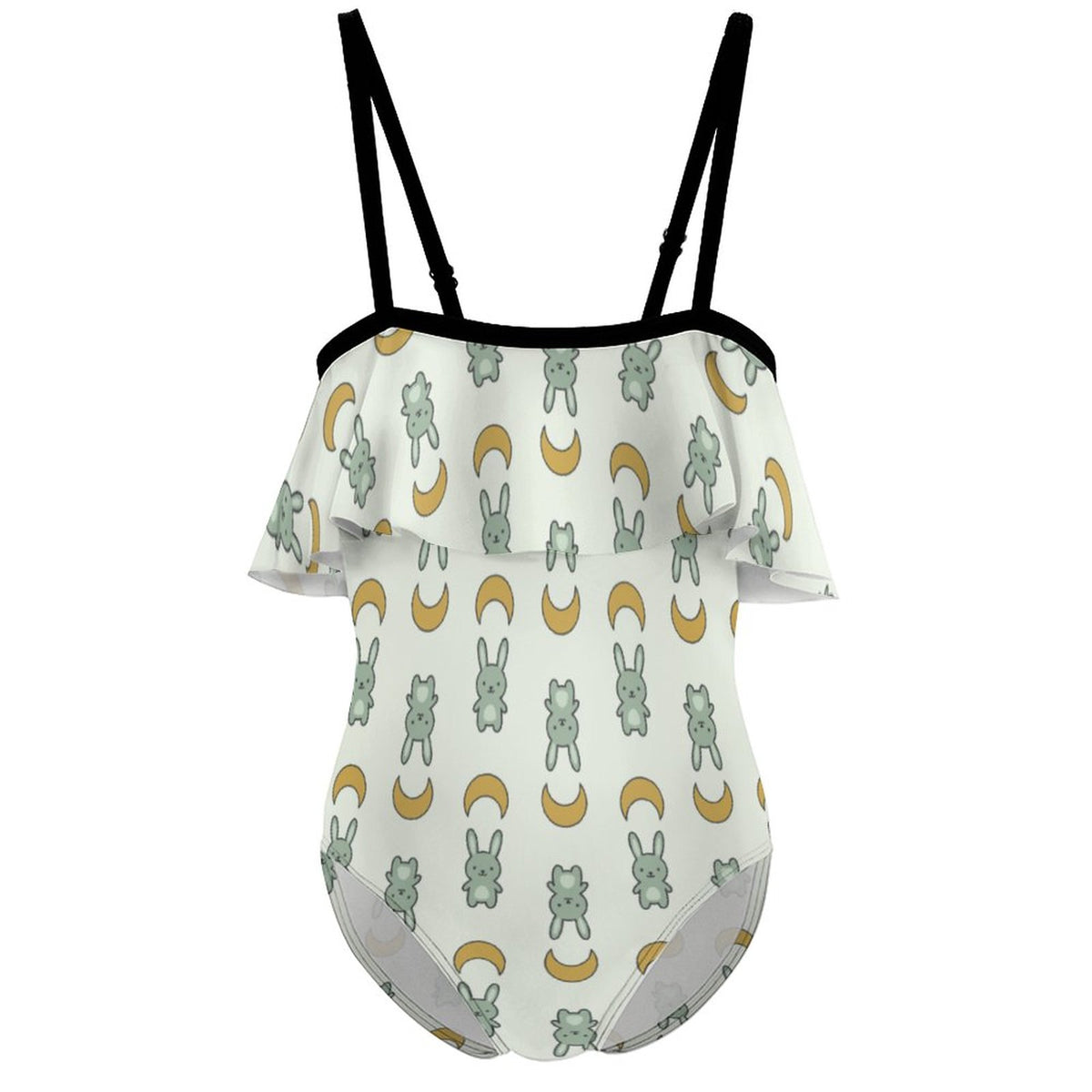 Cute Bunny & Moon Off-Shoulder Ruffle Girls Swimsuit