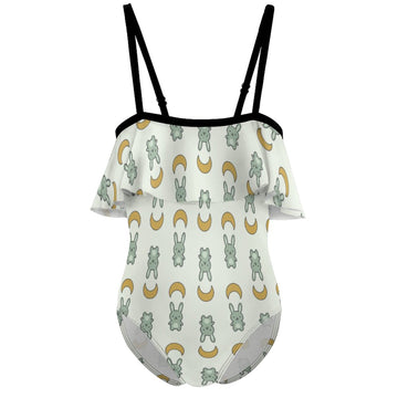 Cute Bunny & Moon Off-Shoulder Ruffle Girls Swimsuit