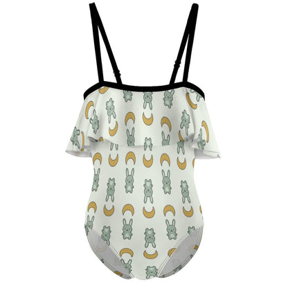 Cute Bunny & Moon Off-Shoulder Ruffle Girls Swimsuit