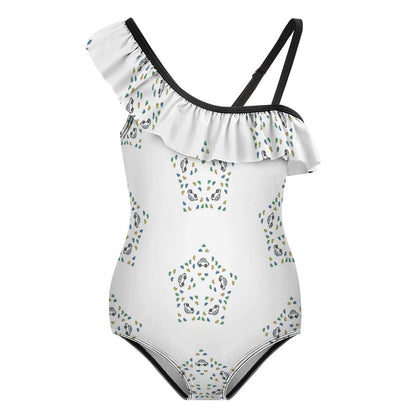 Girls' Geometric Star One-Shoulder Ruffle Swimsuit