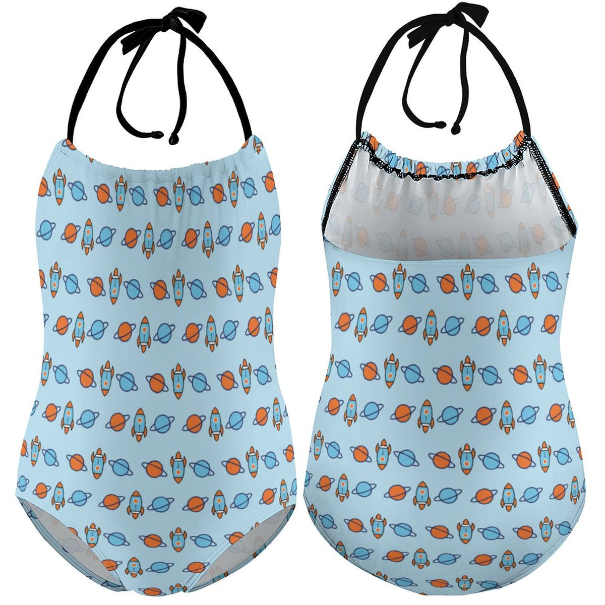 Outer Space Rocket Halter One-Piece Girls Swimsuit