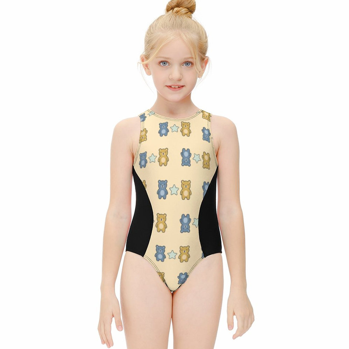 Cute Teddy Bear Zip Front Girls Swimsuit | Color Block