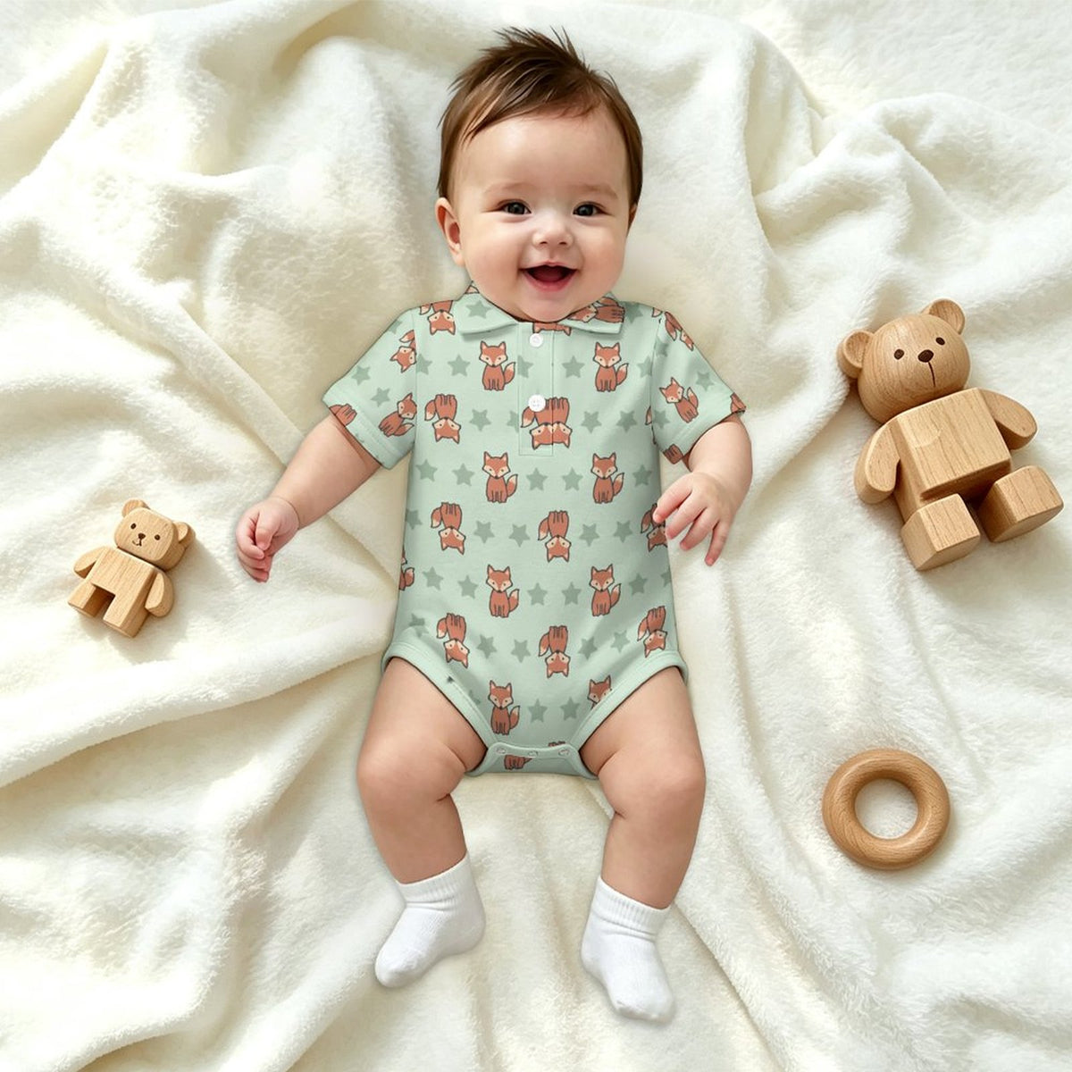 Cute Baby Fox Print Short Sleeve Polo Romper