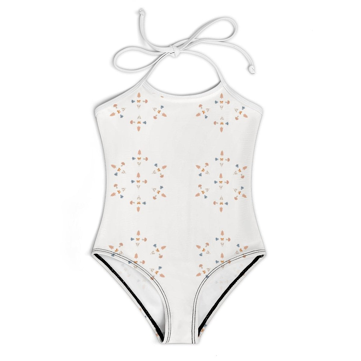 Girls' White Geometric Motif Strap Bathing Suit