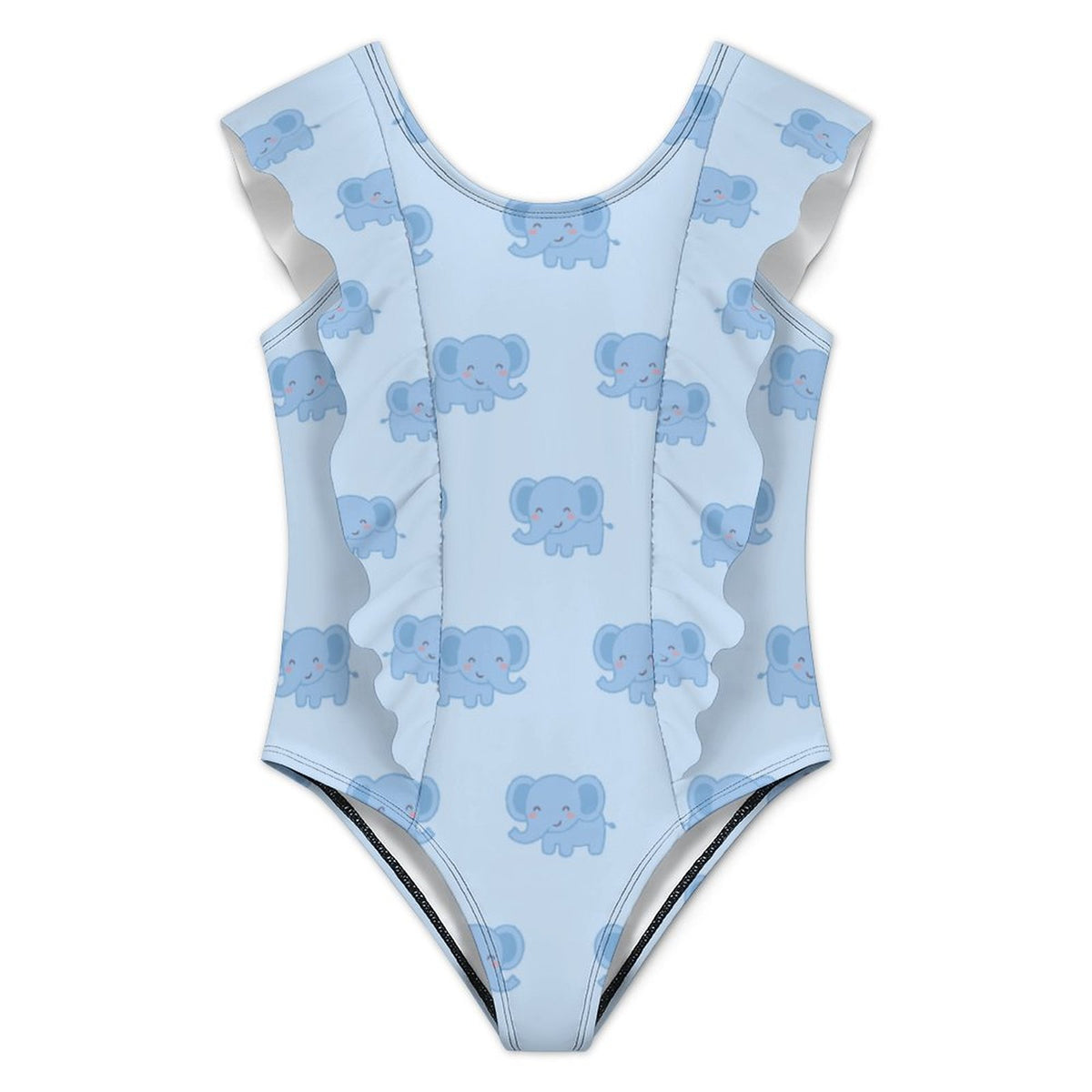 Girls' Blue Elephant Print Frill Strap One-Piece