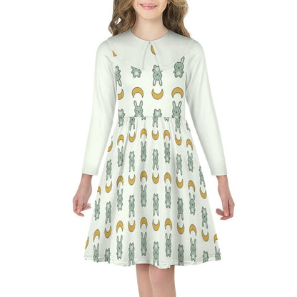 Cute Bunny & Moon Collar Long Sleeve Girls Dress | AOP