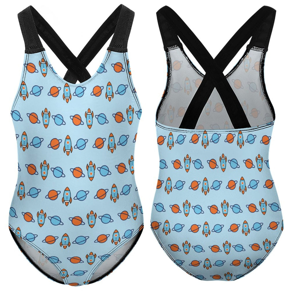 Space Rocket Cross Back One-Piece Girls Swimsuit