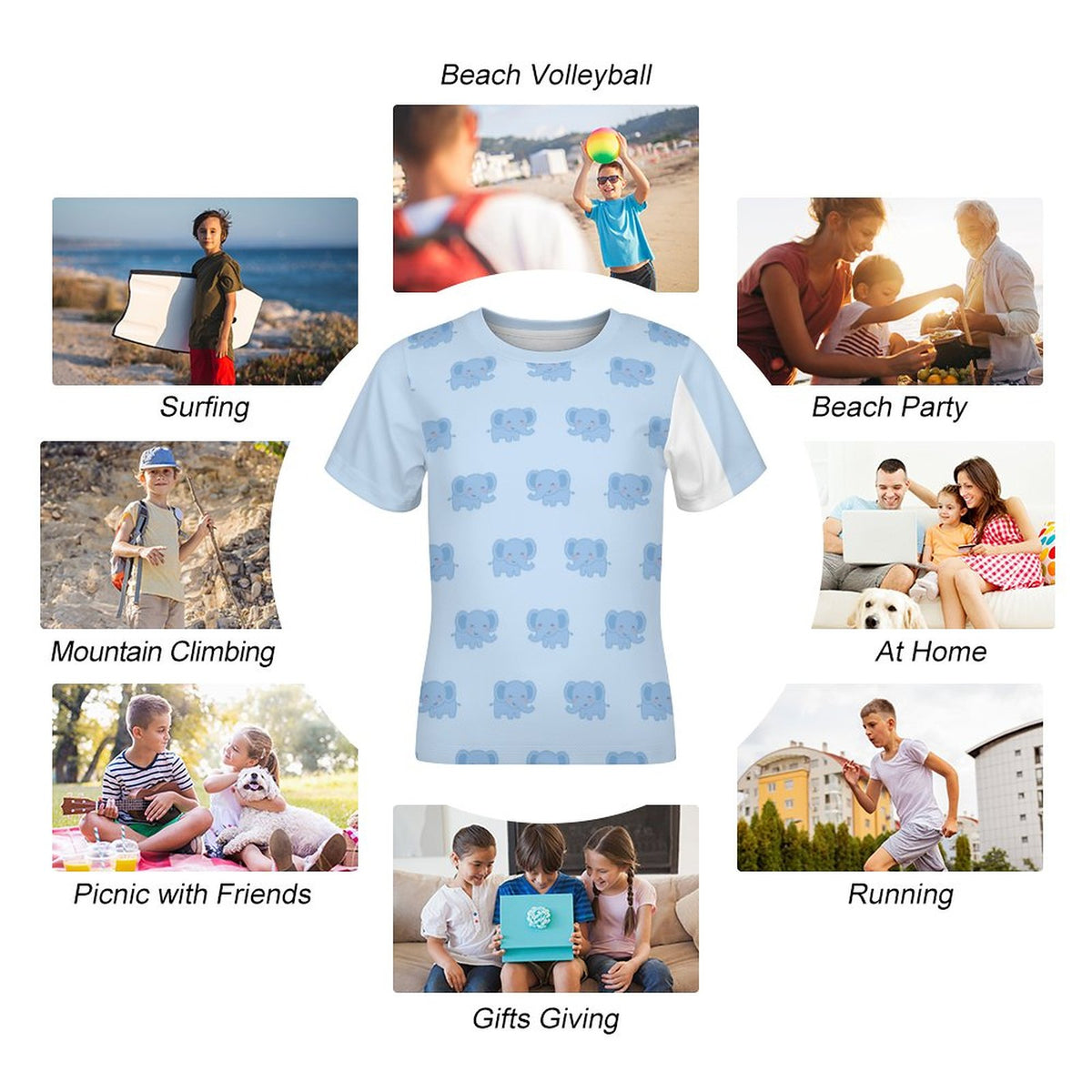 Kids' Cute Elephant Print Light Blue T-Shirt