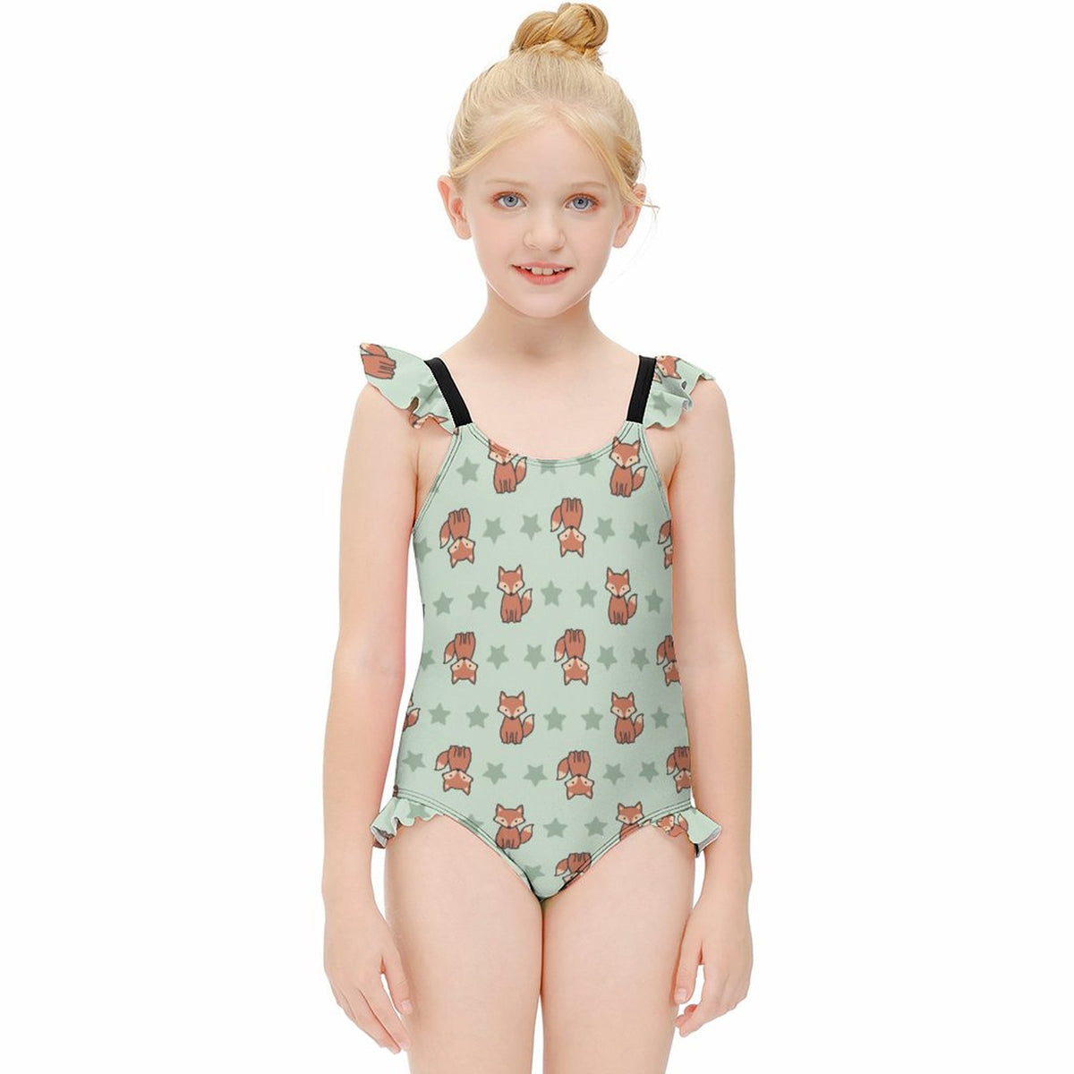 Cute Fox Print Girls One-Piece Swimsuit | Ruffle Trim