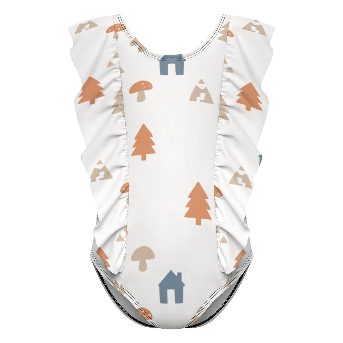 Cute Woodland Print Frill Shoulder Girls' Swimsuit