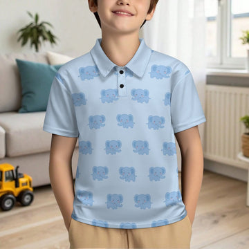 Kids' Cute Elephant Print Polo Shirt – Light Blue