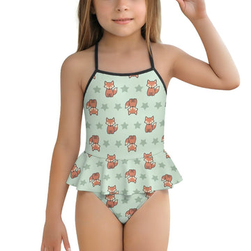 Girls Cute Fox Print Cami Ruffle One-Piece Swimsuit