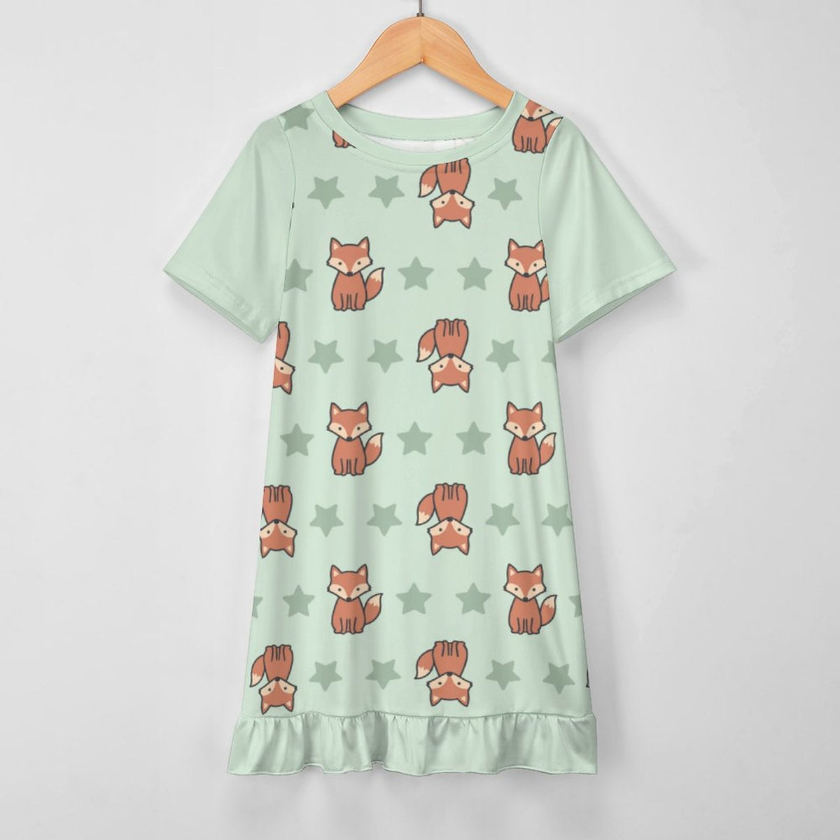 Cute Fox Print Girls Ruffle Hem Dress | Short Sleeve