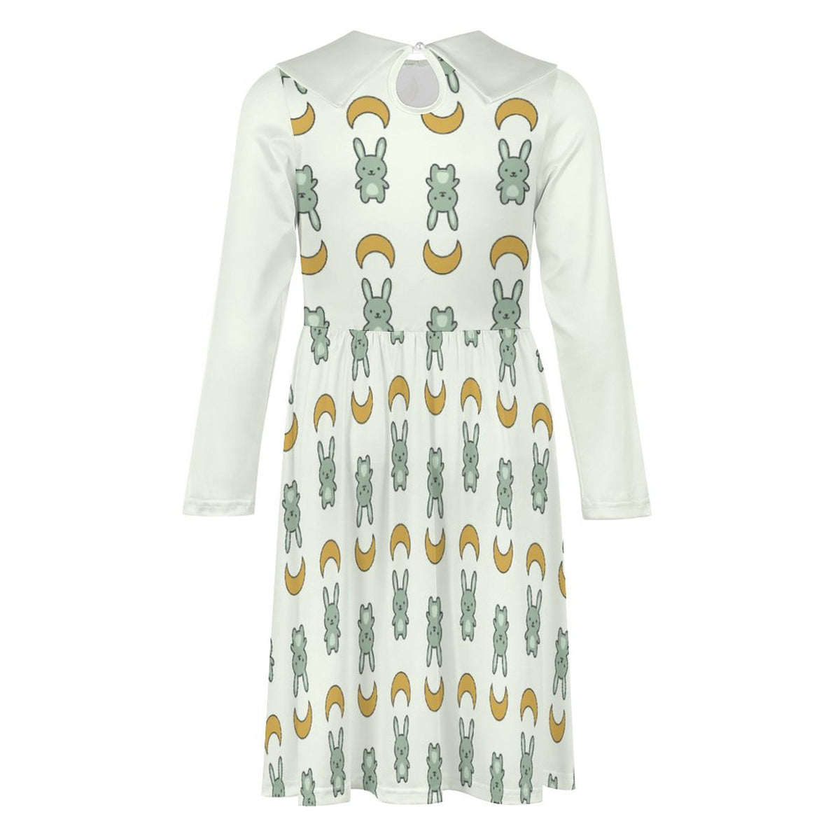 Cute Bunny & Moon Collar Long Sleeve Girls Dress | AOP