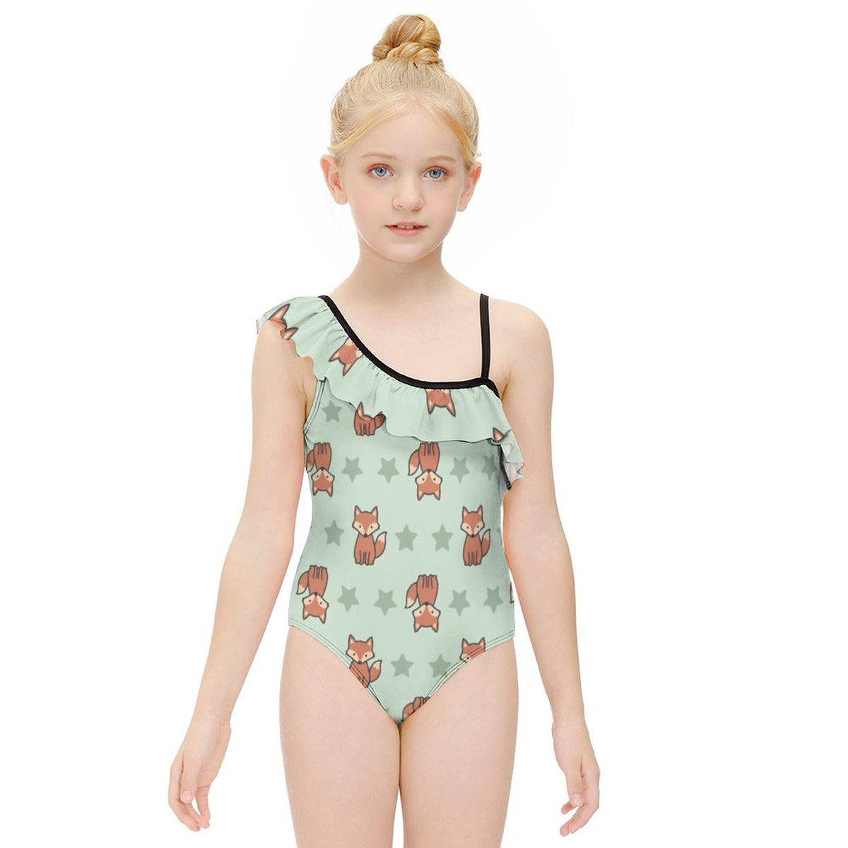 Cute Fox Print One-Shoulder Ruffle Swimsuit for Girls