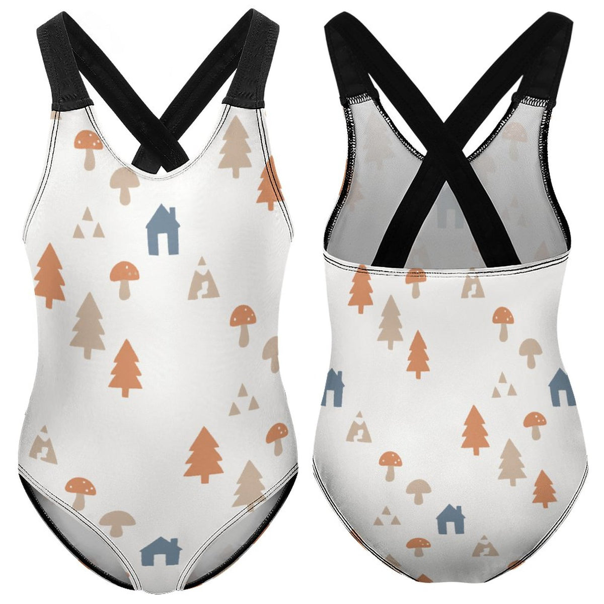 Girls' White Forest Pattern Crossback Swimsuit