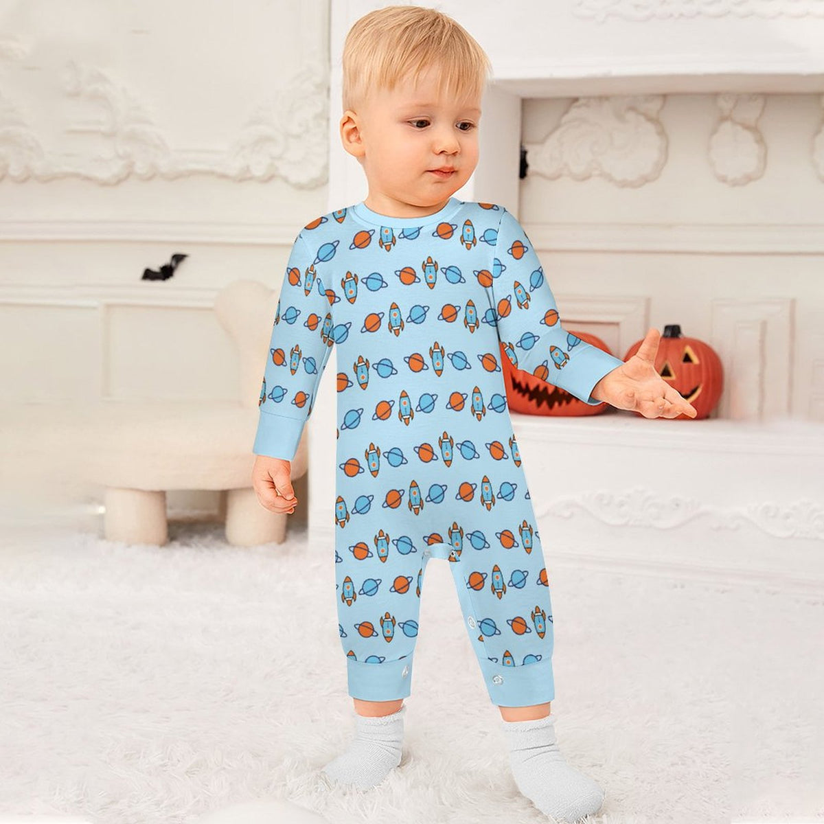 Outer Space Rocket Long Sleeve Baby Romper | 180gsm