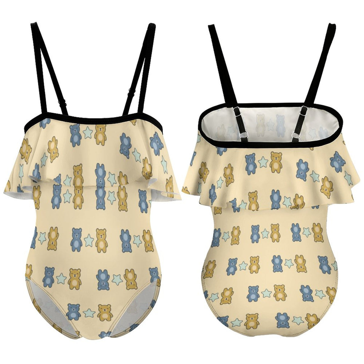 Cute Teddy Bear Off-Shoulder Girls Swimsuit | Ruffle