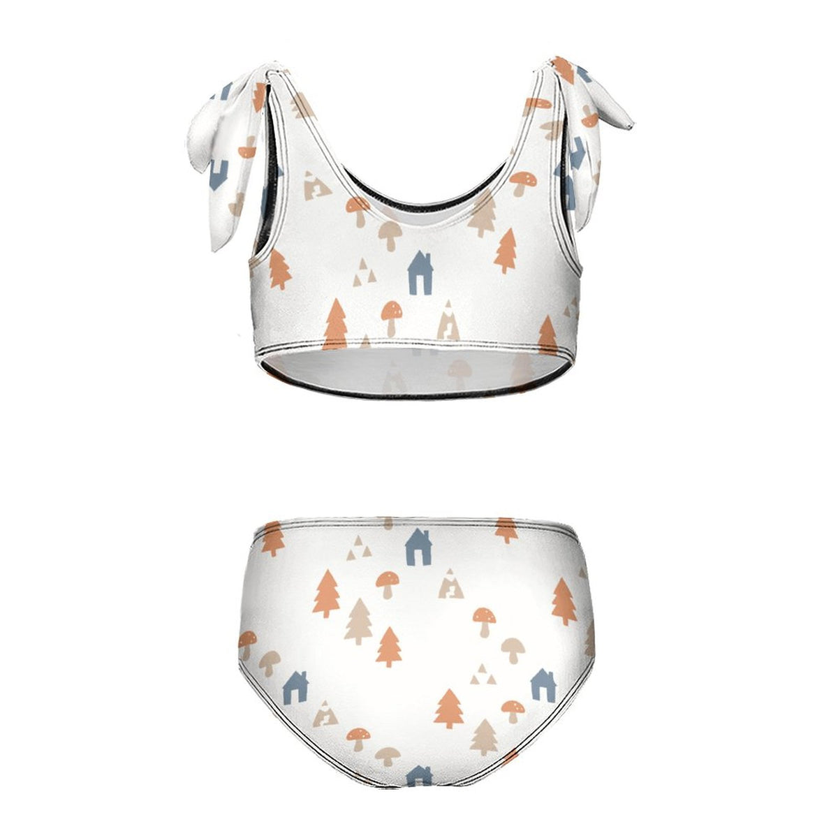 Girls' White Forest Pattern Tie Strap Bikini Set
