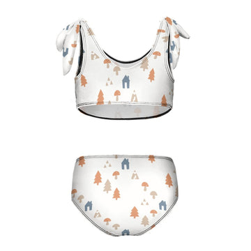 Girls' White Forest Pattern Tie Strap Bikini Set