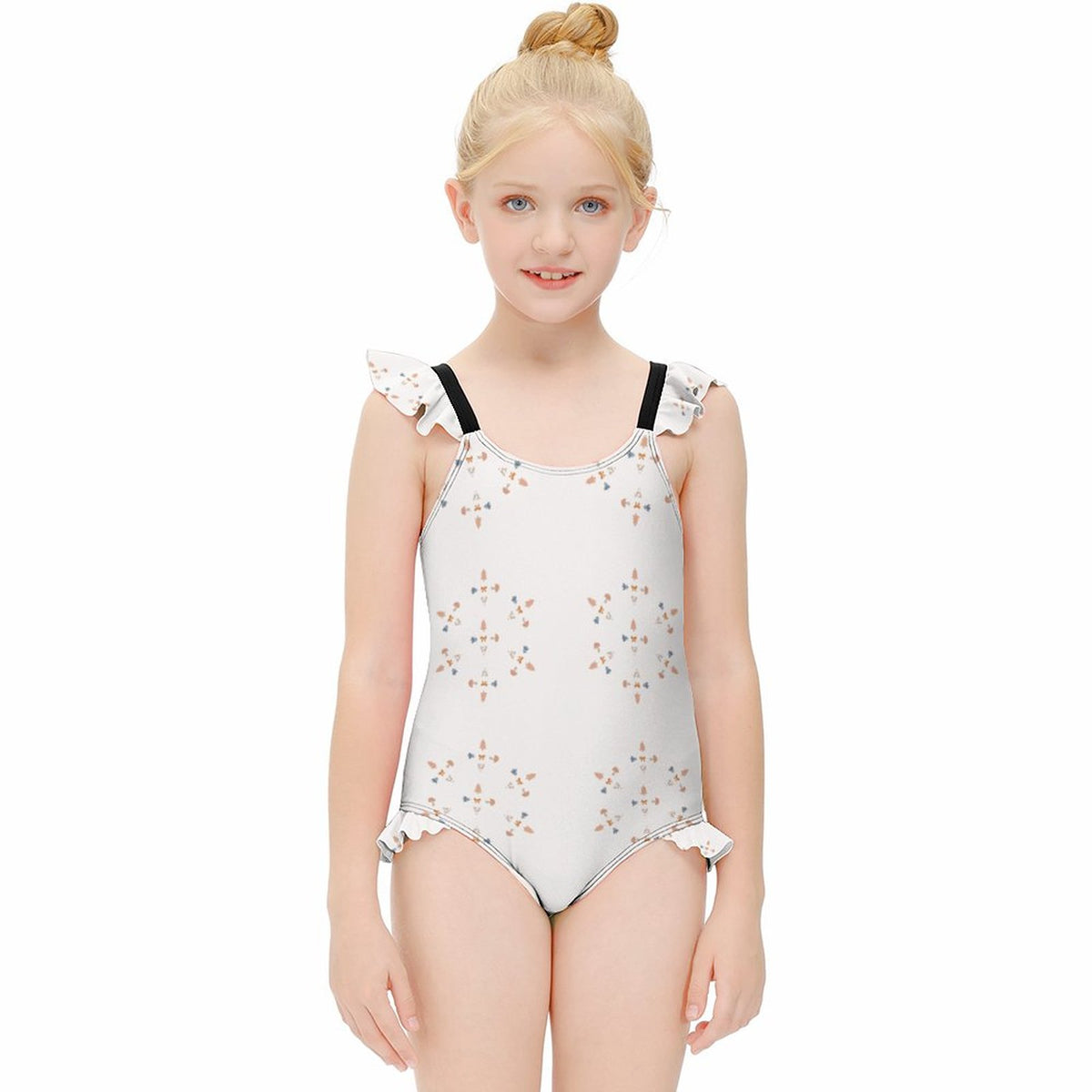 Girls' White Geometric Ruffle Trim Bathing Suit
