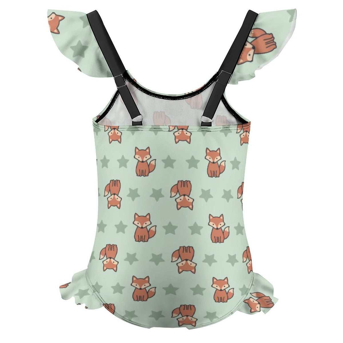 Cute Fox Print Girls One-Piece Swimsuit | Ruffle Trim