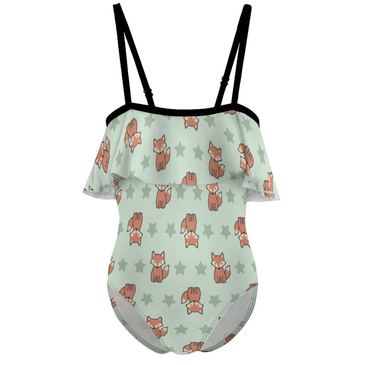 Cute Fox Print Ruffle Off-Shoulder Girls Swimsuit