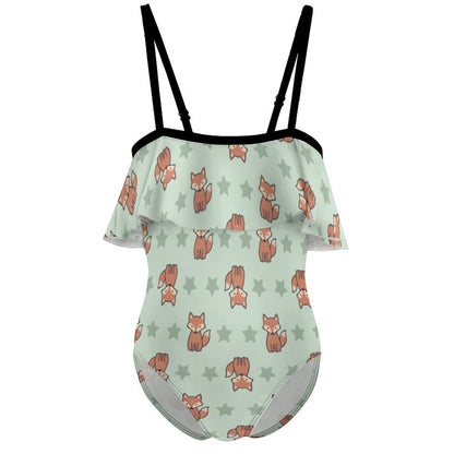 Cute Fox Print Ruffle Off-Shoulder Girls Swimsuit